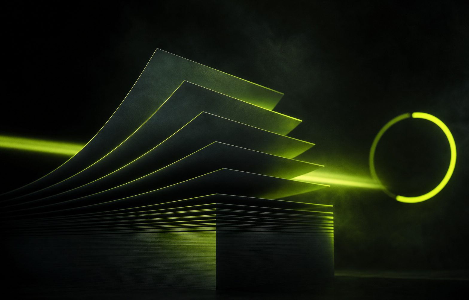 PrintProgress brand artwork: stacked sheets with lime light