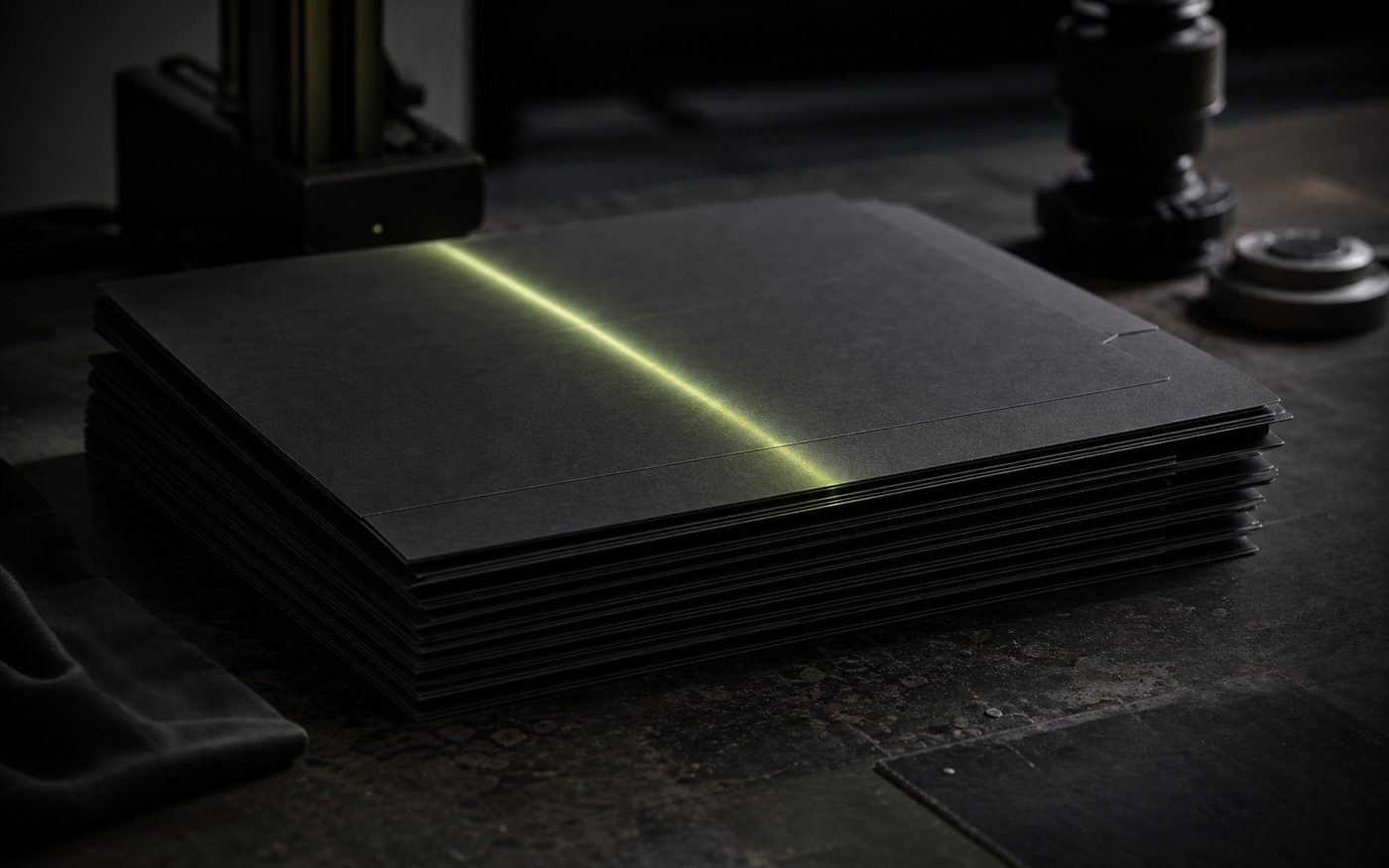 Brand artwork: a stack of dark sheets with a lime scan line. Not a screenshot of the application.